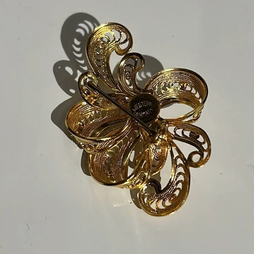 Vintage Gold Tone Filigree Brooch with Faux Pearl Center “Western Germany”